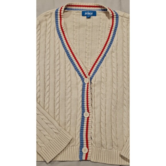Prince Pickleball Cable Knit Cropped Cardigan in Ivory with stripes size XL - Picture 3 of 11